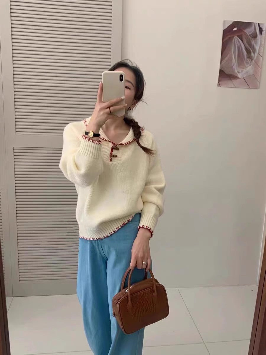 Damen lässiger Strickpullover mit einzigartigem Knopfdesign und Kontrastdetails Amawinc