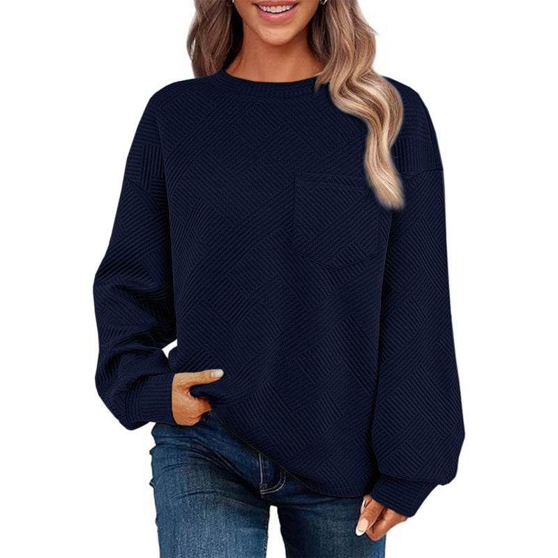 Damen lässiger Pullover mit strukturiertem Muster und praktischer Brusttasche Amawinc
