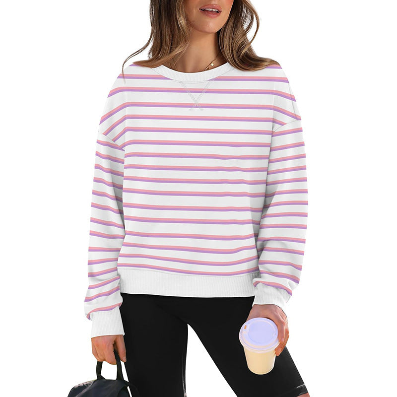 Damen lässiger Sweatshirt mit modernem Streifenmuster und Rundhalsausschnitt Amawinc