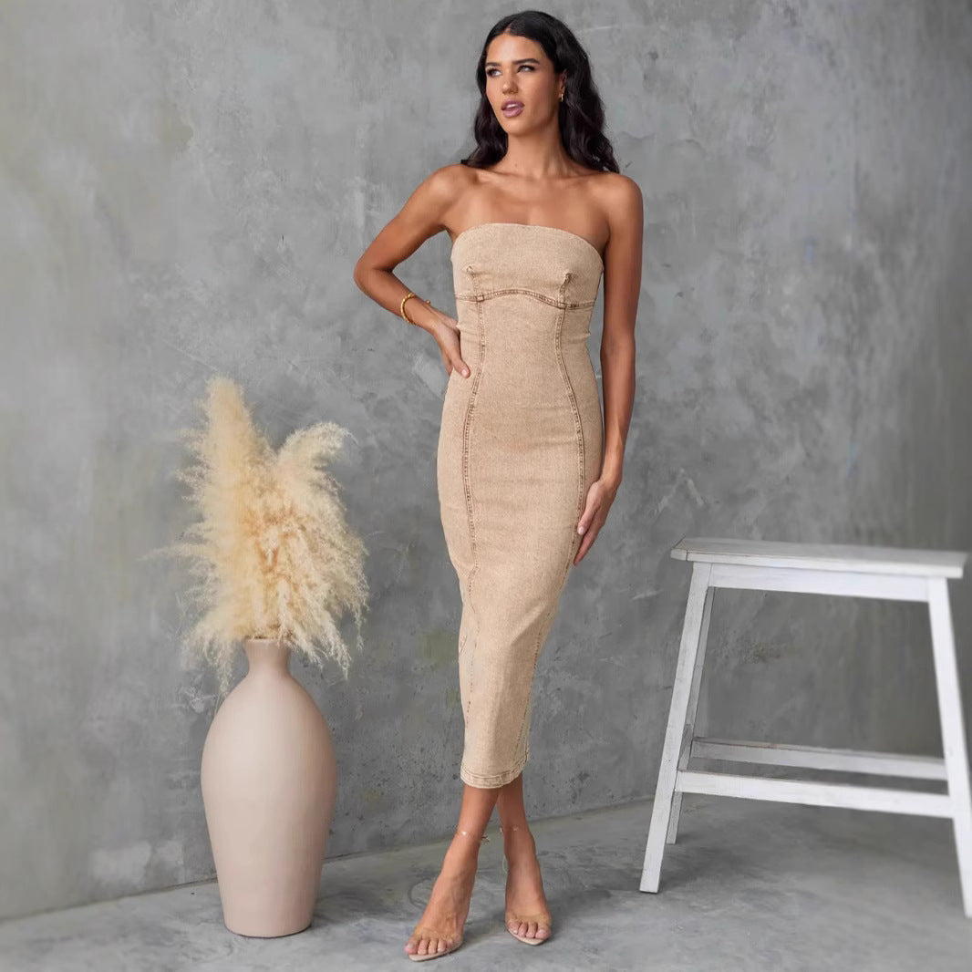 Robe Sans Bretelles En Jean Femme Slim Midi Avec Texture Détaillée Et Coutures Structurées Amawinc
