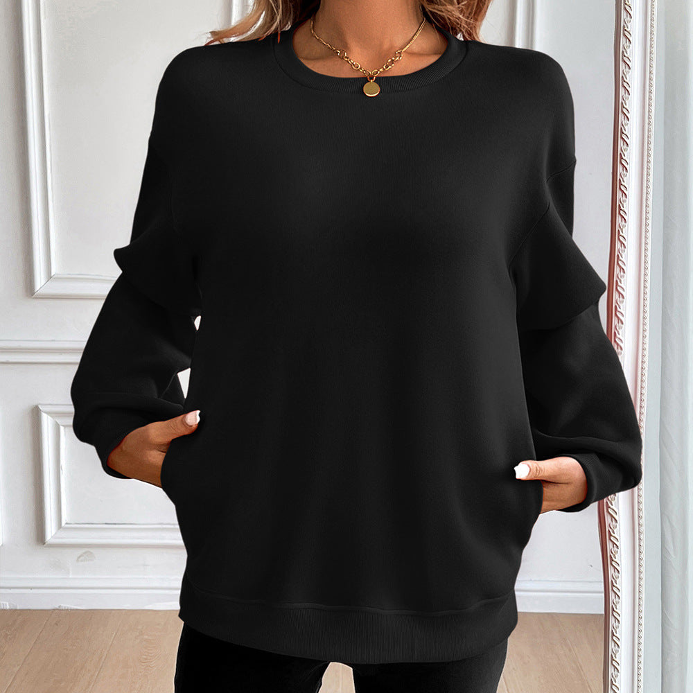 Sweatshirt Femme À Coupe Ample Mélange Coton Col Rond Manches Longues Poches Frontales
