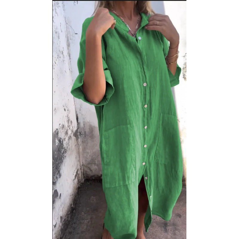 Baumwoll-Leinen Hemdkleid mit Dreiviertelärmeln von Fudus in lässiger Passform