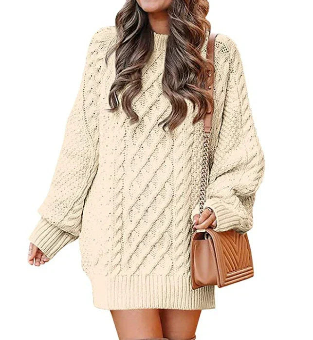 Robe Pull Femme En Mélange De Laine Tricot Cable Coupe Oversize Mi Longue Manches Longues