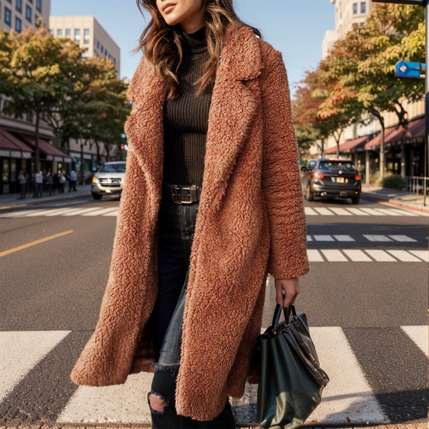 Damen kuscheliger Übergröße-Mantel mit Teddyfell Amawinc