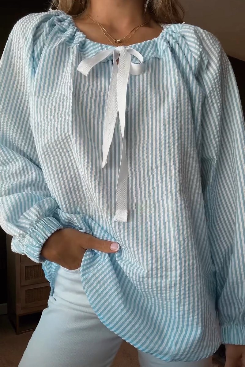 Damen Bluse mit elastischem Ausschnitt und Schleifenbindung Amawinc