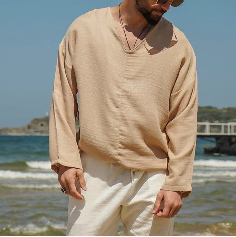 Chemise Homme En Lin Décontractée À Encolure V Manche Longue Légère Pour Été Plage