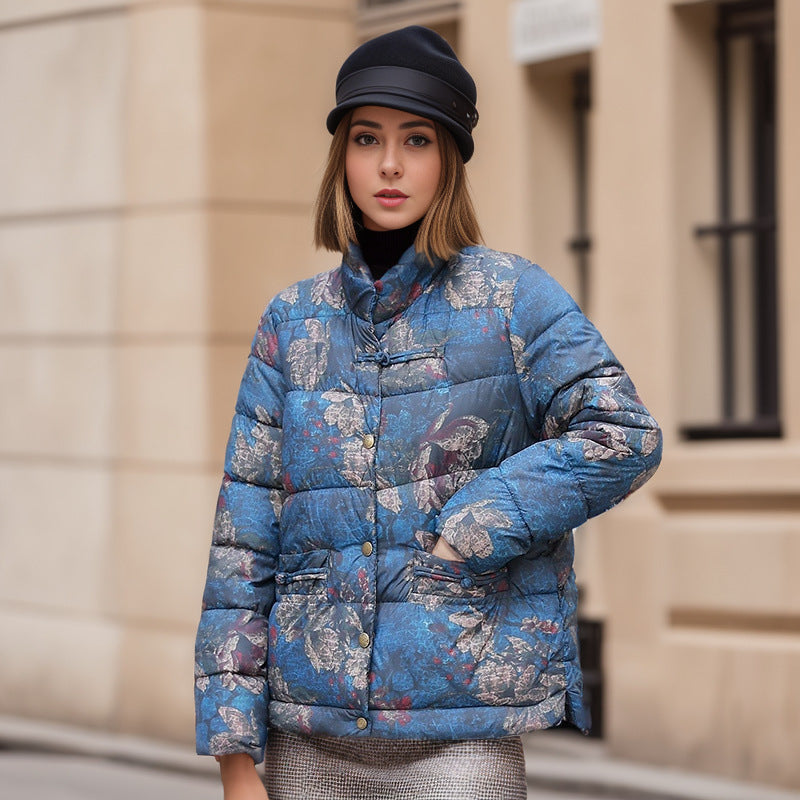 Damen gesteppte Winterjacke mit buntem Kunstdesign und praktischen Taschen Amawinc