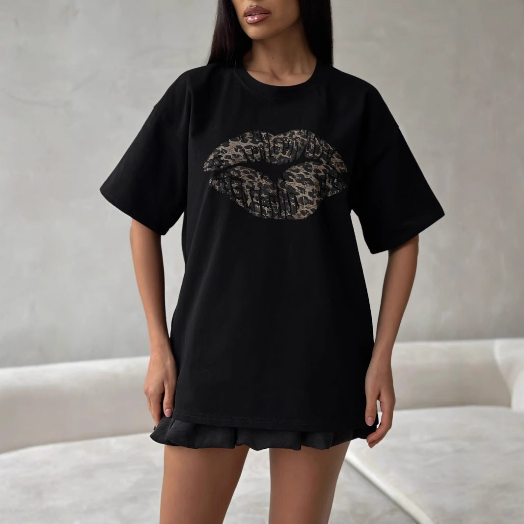 T Shirt Pour Femme À Coupe Ample En Mélange Coton Imprimé Léopard Lèvres Manches Courtes