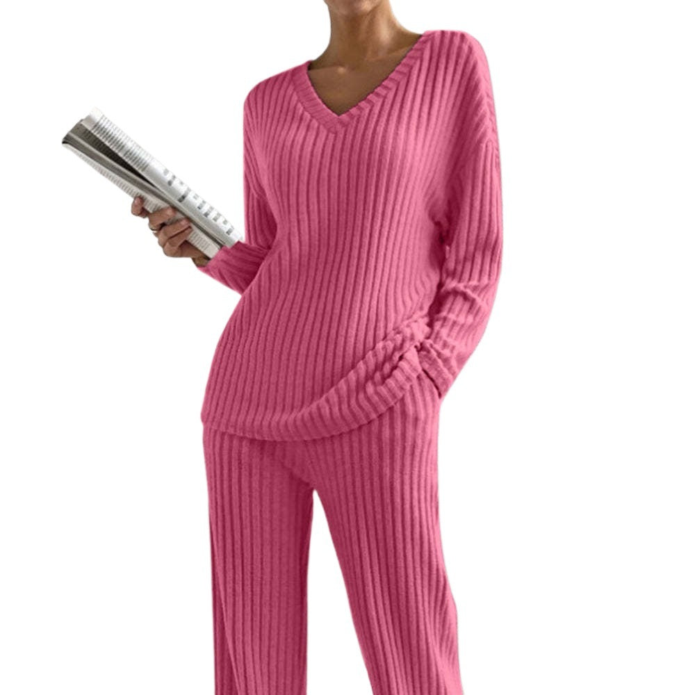 Nordisk-Flair Ensemble Femme Haut Col V En Maille Ribée Coupe Décontractée Pantalon À Jambe Droite