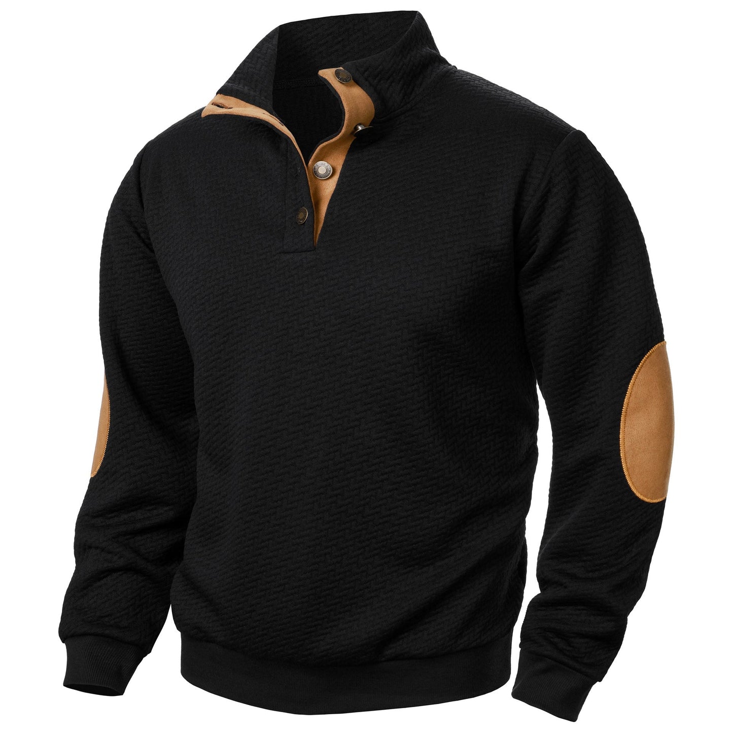 Amawinc Sweatshirt Décontracté Homme Col Montant Texturé et Patchs aux Coudes Confort Quotidien