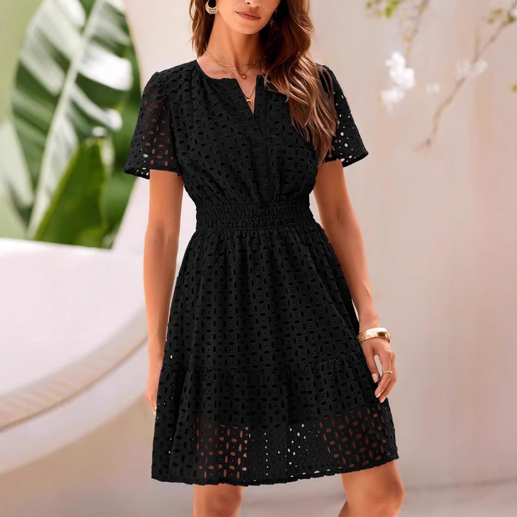Robe A-Line Femme V-Cou Motif Œillets Manche Courte Mélange Coton Léger Été Confortable Élégante Journée Amawinc