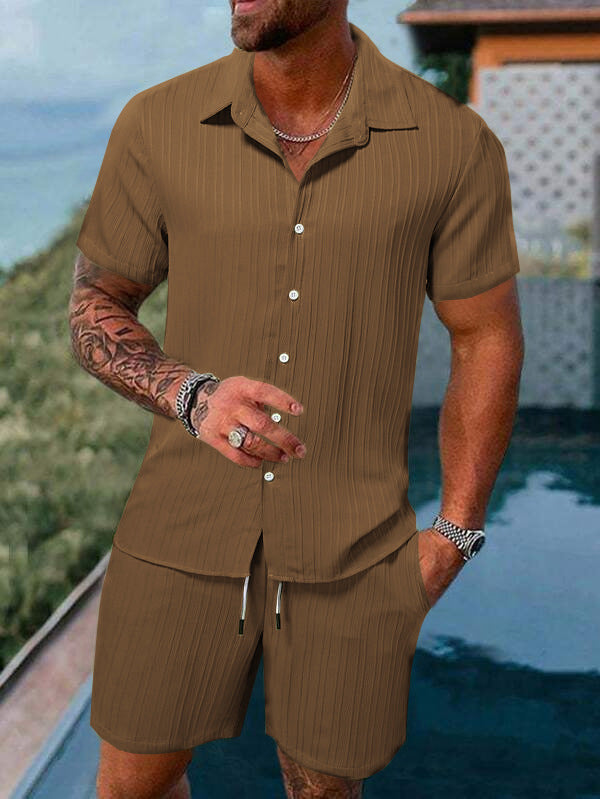 Ensemble Chemise Décontractée Pour Homme Avec Shorts En Mélange Coton Confort Estival