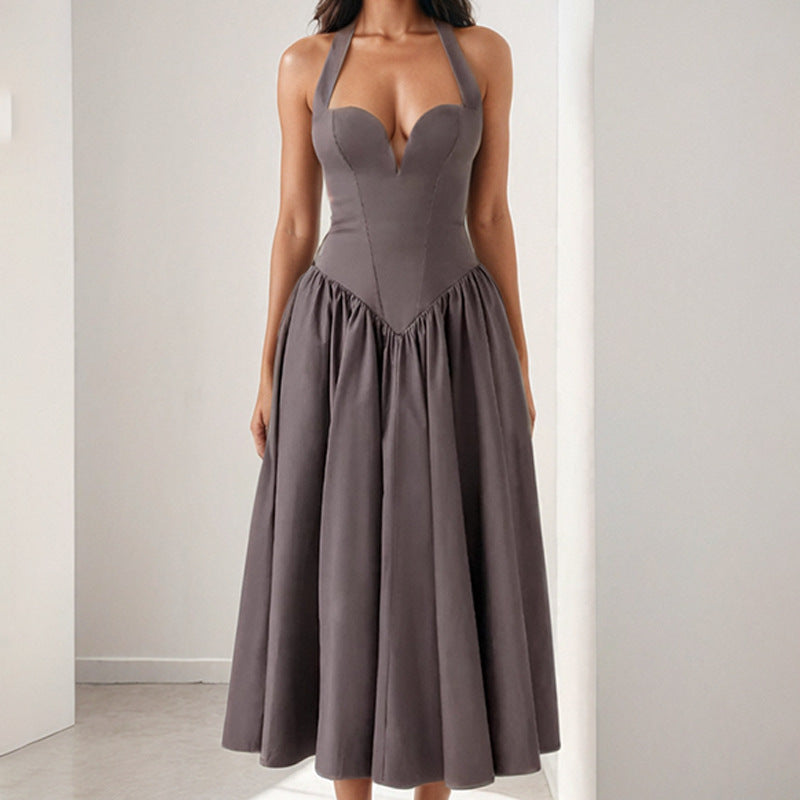 Robe Midi Halter À Dos Nu Coupe A Line Aspect Satiné Parfaite Pour Les Fêtes Pour Occasions Spéciales