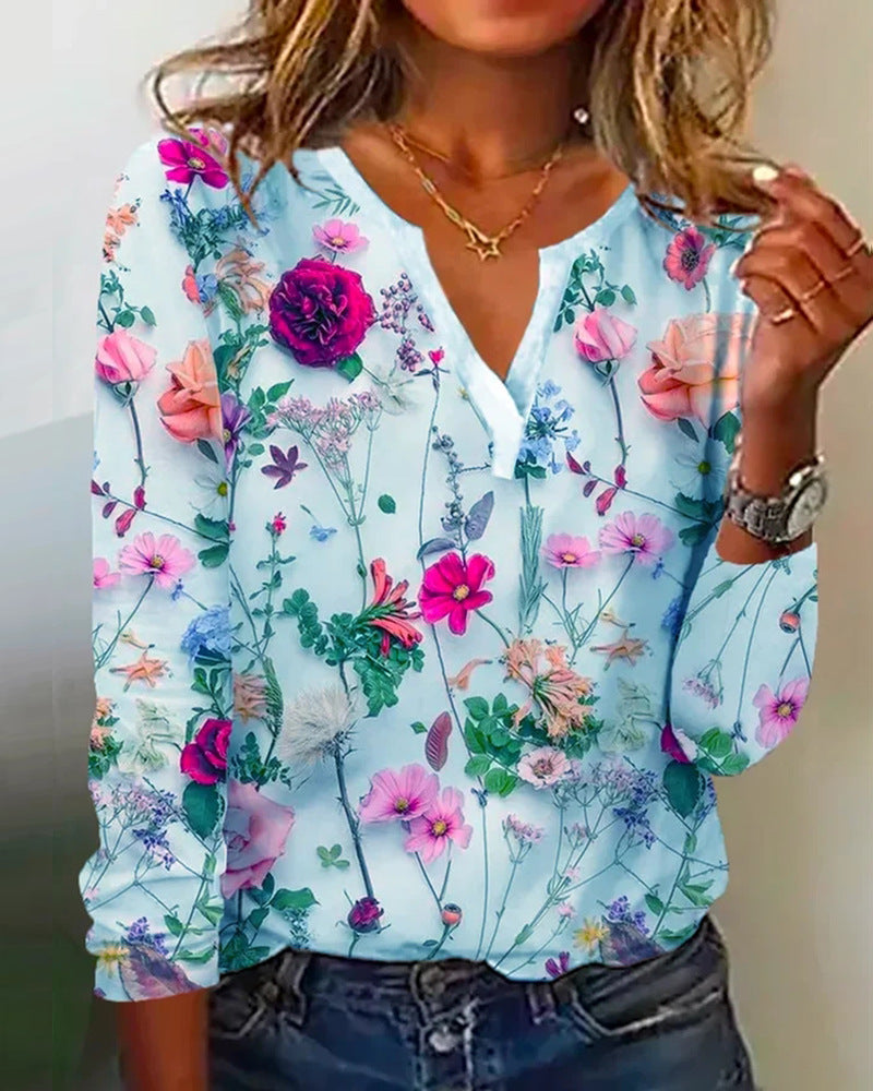 Langärmlige Bluse mit V-Ausschnitt und Blumenmuster