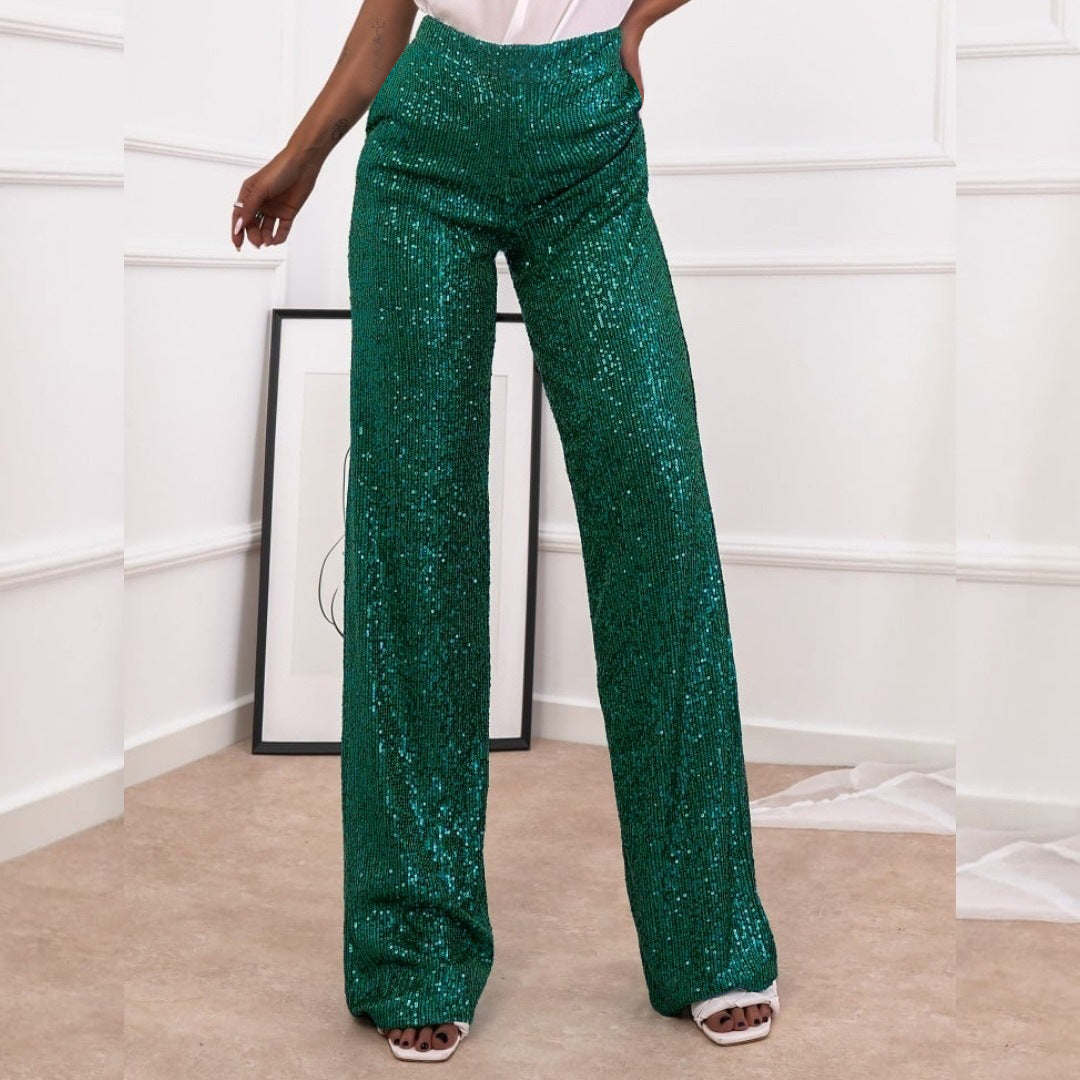 Pantalon Femme Coupe Droite Décontractée Design Complet De Sequins Pour Tenue De Soirée Longueur Totale