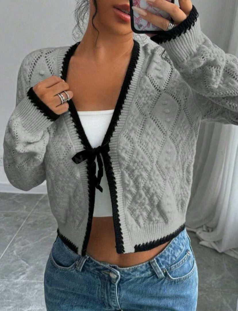 Cardigan En Maille Court Pour Femme Amawinc Avec Fermeture Par Noeud Et Manches Longues Décontracté