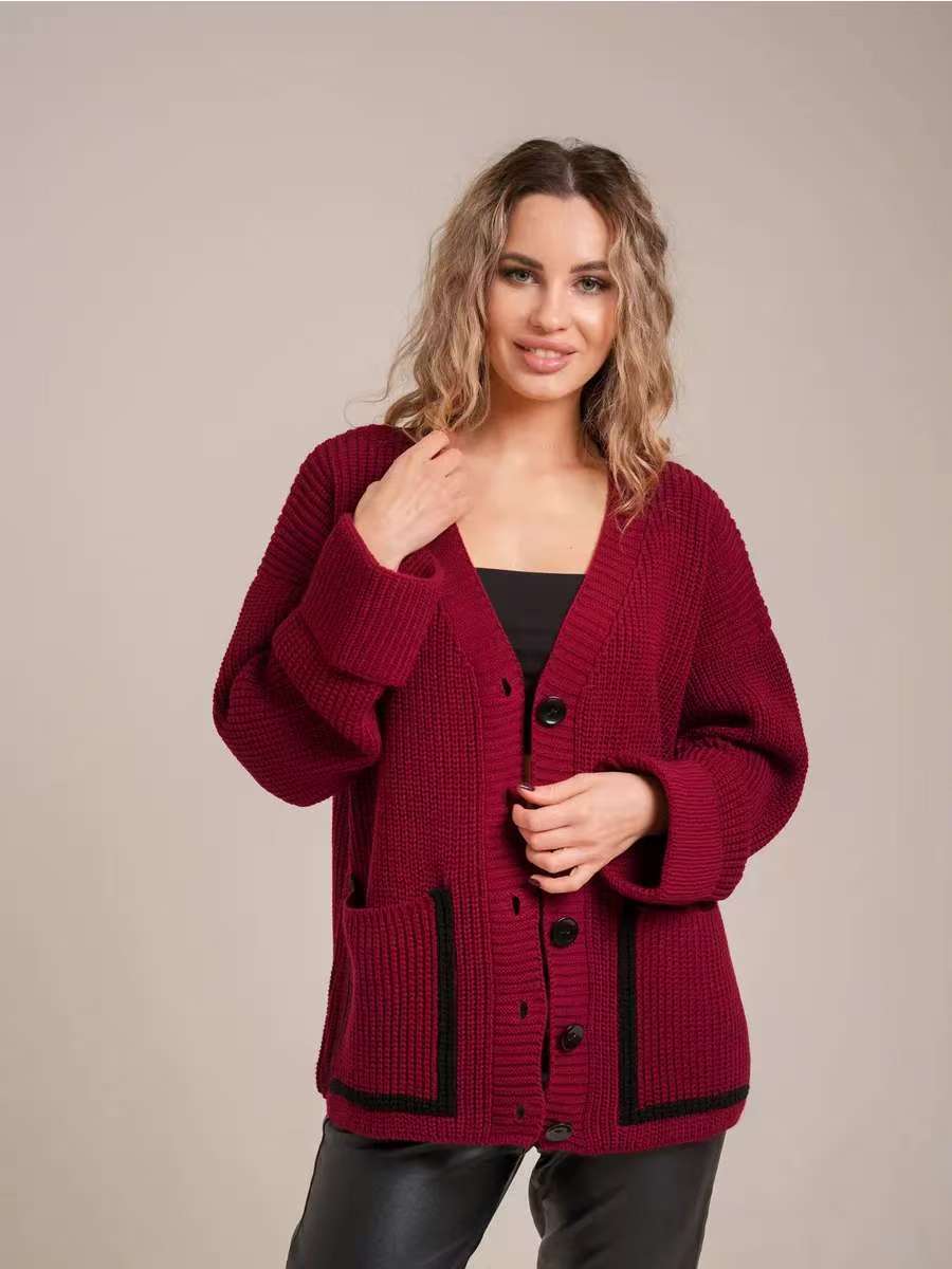 Damen Strickjacke mit großem Kragen und Taschen Amawinc