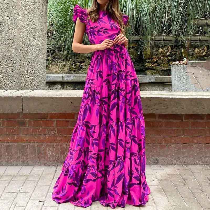 Robe Maxi Femme Amawinc Imprimé Léger Avec Manches Ruchées Jupe À Volants Tissu Confortable Idéale Pour Été Décontracté