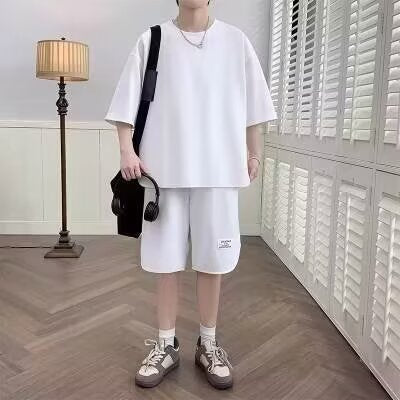 Ensemble Lounge Décontracté Pour Homme En Coton Avec T Shirt Manches Courtes Et Short Longueur Genou Pour L'Été