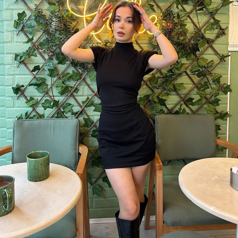 Damen Figurbetontes Kurzarmkleid mit Stehkragen und Raffung Amawinc