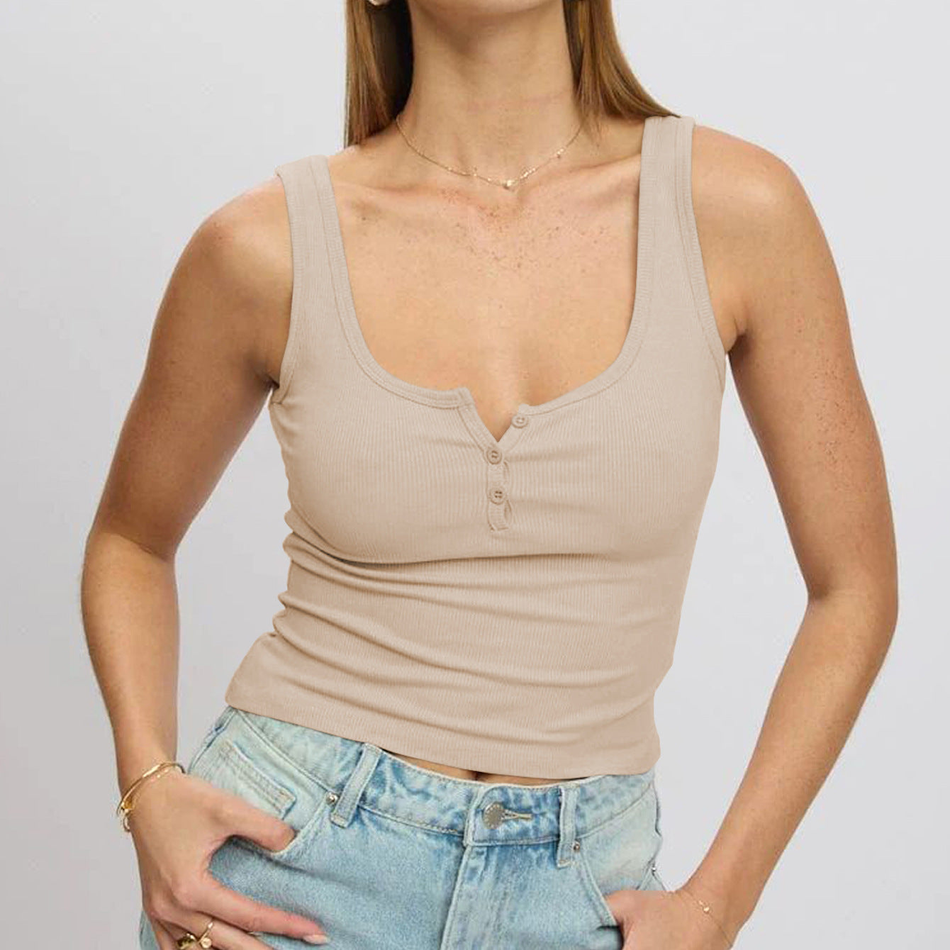 Damen körperbetontes Ripp-Top mit Knopfleiste und weitem Ausschnitt Amawinc