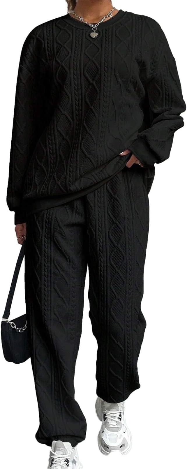 Ensemble Deux Pièces Femme Lounge Tricot Câble Coupe Décontractée Haut À Manches Longues Pantalon À Ourlets Côtelés