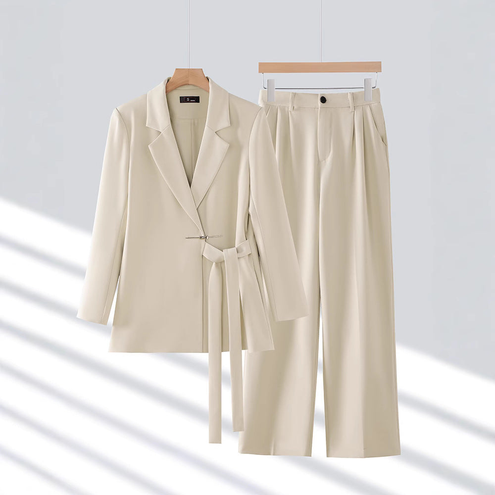 Ensemble Blazer Femme Tailleur Cintré Avec Ceinture À La Taille Et Pantalon Large En Tissu Luxueux