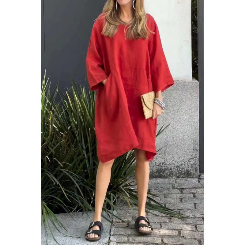 Einfarbiges, lockeres Baumwoll-Leinenkleid von Fudus