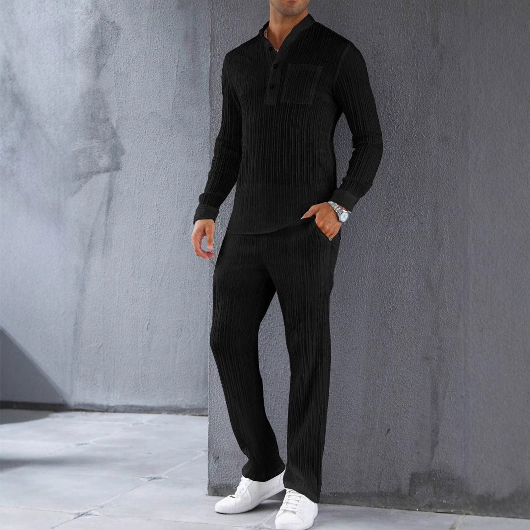 Ensemble Deux Pièces Pour Homme Blanc À Texture Côtée Avec Chemise Et Pantalon Slim Respirant Léger
