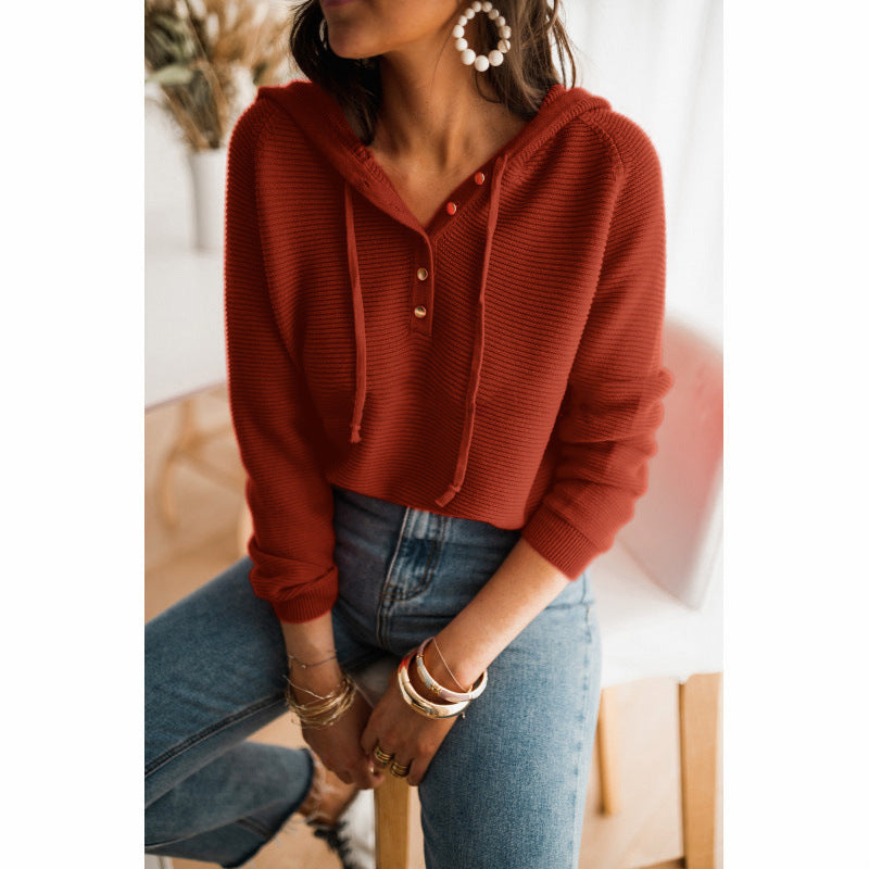 Sweat à Capuche Court Femme Coupe Décontractée Texture Maille Devant Boutonné Capuche Avec Cordon