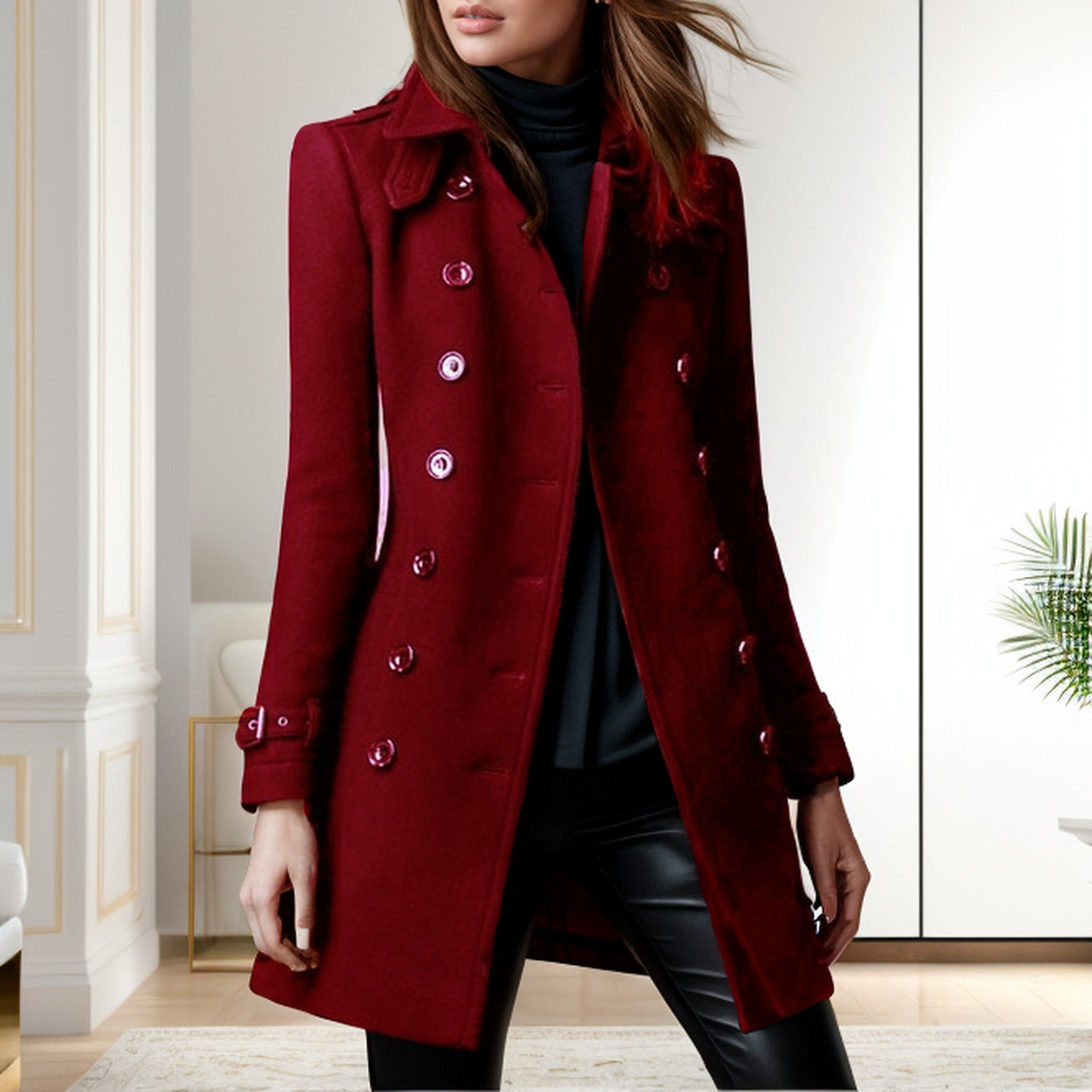 Damen eleganter Trenchcoat mit doppelter Knopfreihe und gewichtetem Kragen Amawinc