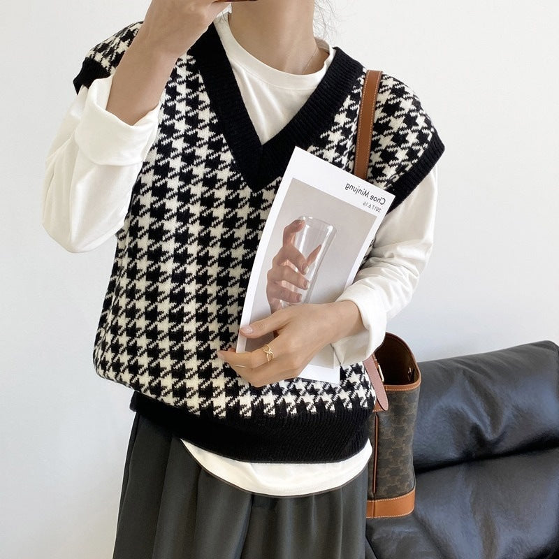 Damen modische Strickweste mit graphischem Hahnentrittmuster Amawinc - Amawinc