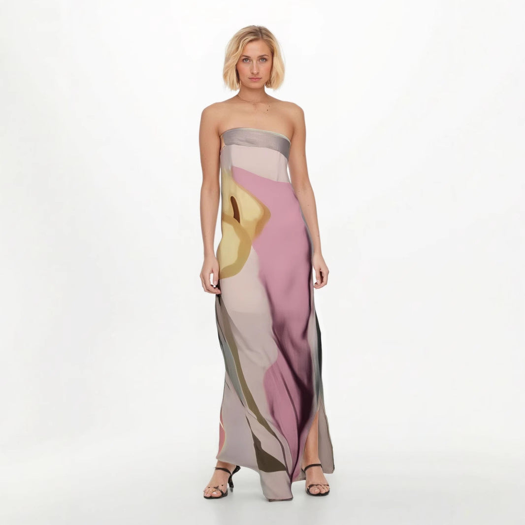 Robe Midi Sans Bretelles Légère Et Fluide Avec Motif Abstract Moderne Polyvalente Pour Été Soleil Et Nuits Festives