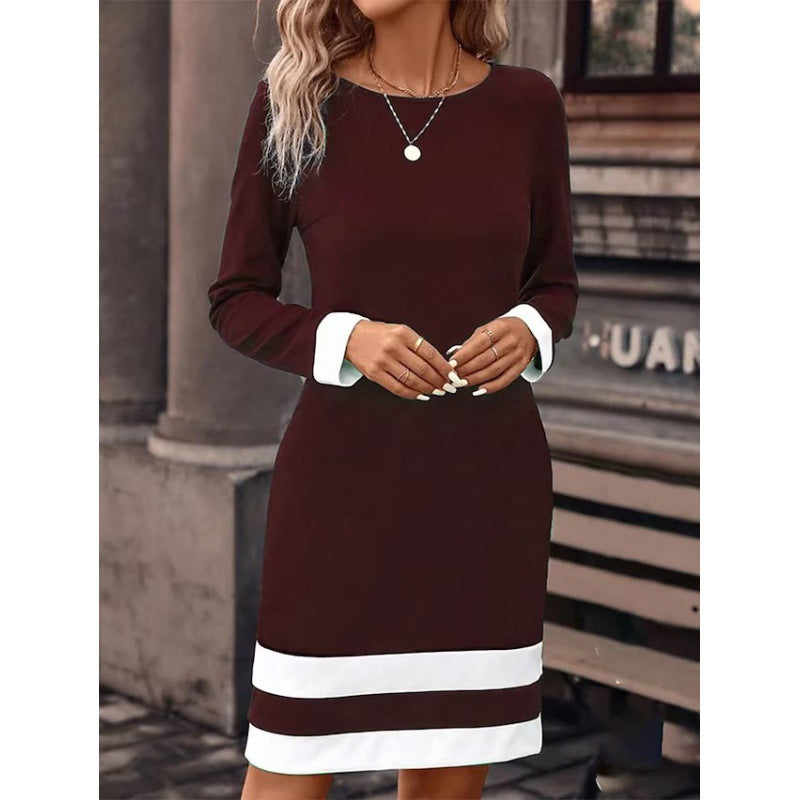 Damen Elegantes Kleid mit kontrastierenden Ärmelabschlüssen und Saum Amawinc
