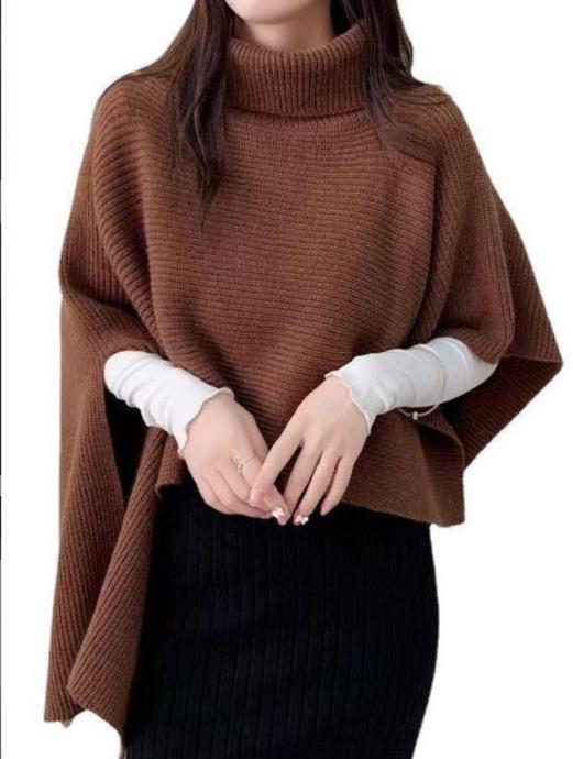 Damen Strickponcho mit hohem Kragen und asymmetrischem Schnitt Amawinc