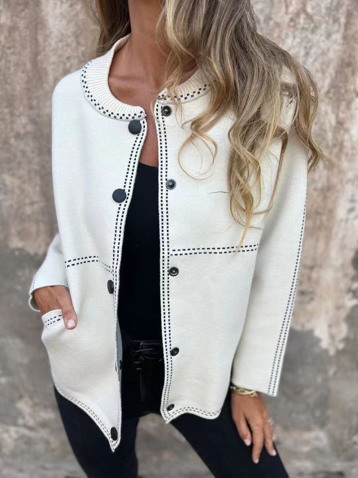 Cardigan Femme Coupe Ample en Maille Boutonné Col Rond Longueur à La Hanche pour Toutes Saisons