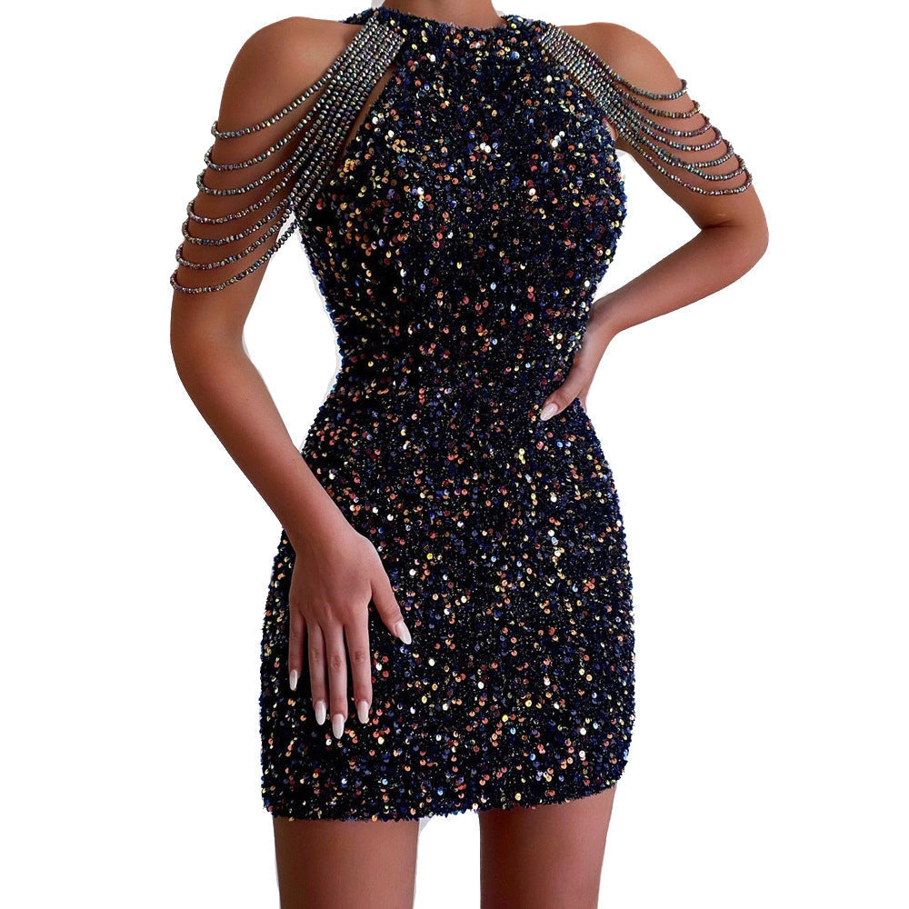 Glamouröses Pailletten-Bodycon-Kleid mit Kristall-Applikationen von Fudus