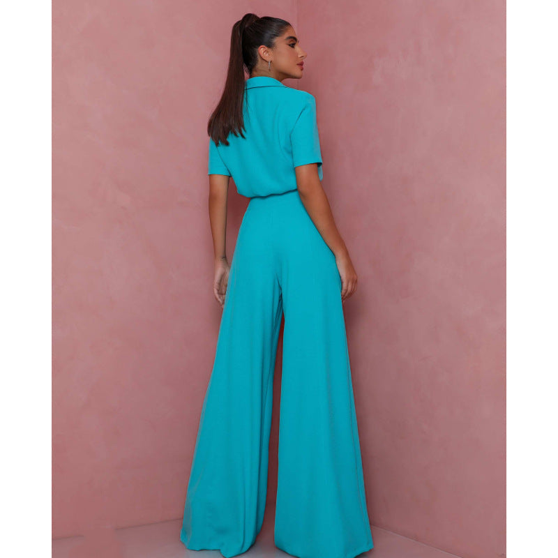 Damen Elegantes Kurzarm-Blusen und Palazzo-Hosen-Ensemble Amawinc