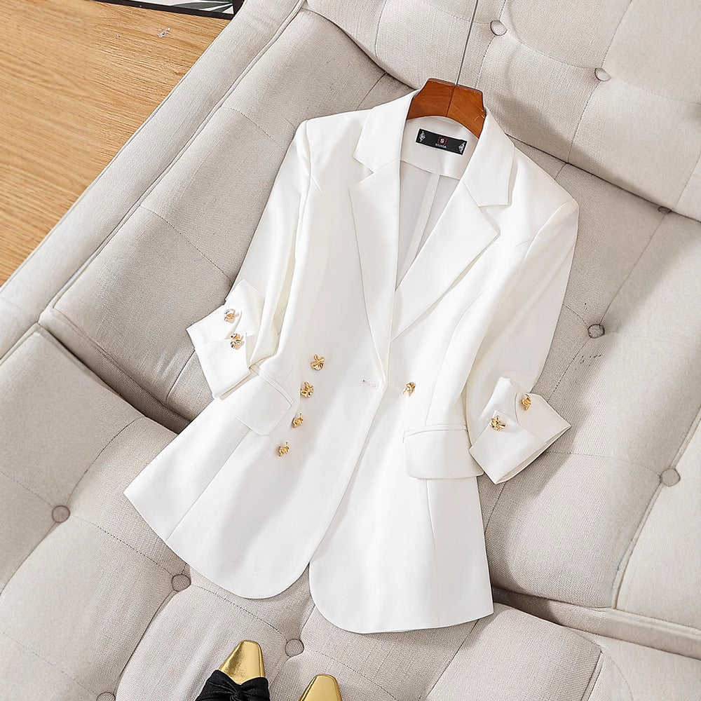 Veste Blazer Pour Femme Tailleur Ajusté Manches Trois Quarts Revers Classique Tissu Luxueux