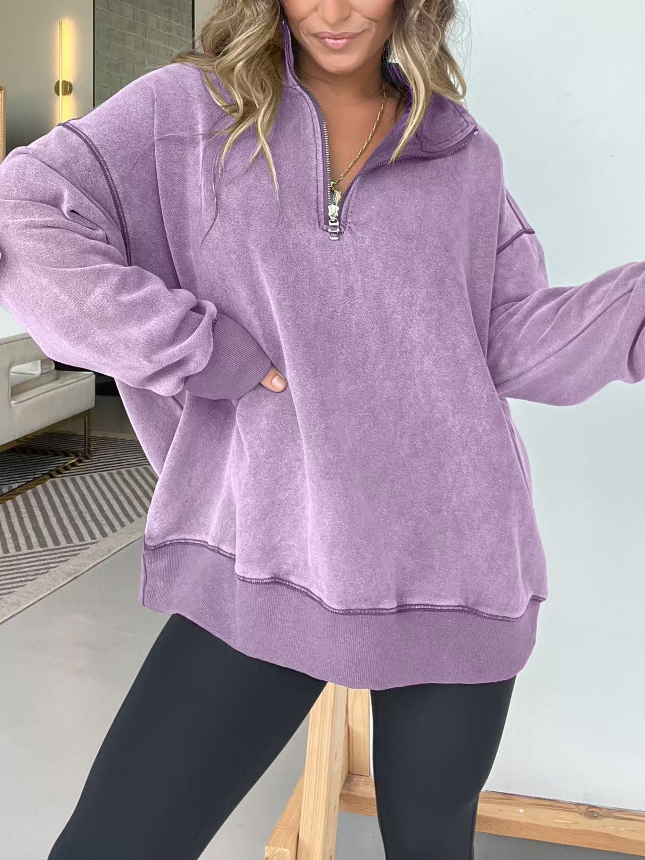 Damen Bequemer Fleece-Pullover mit halbem Reißverschluss Amawinc