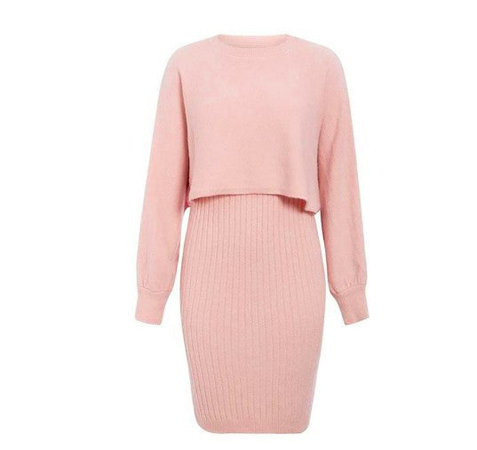 Damen Strickkleid mit kurzem Oberteil und Rippenstruktur Amawinc