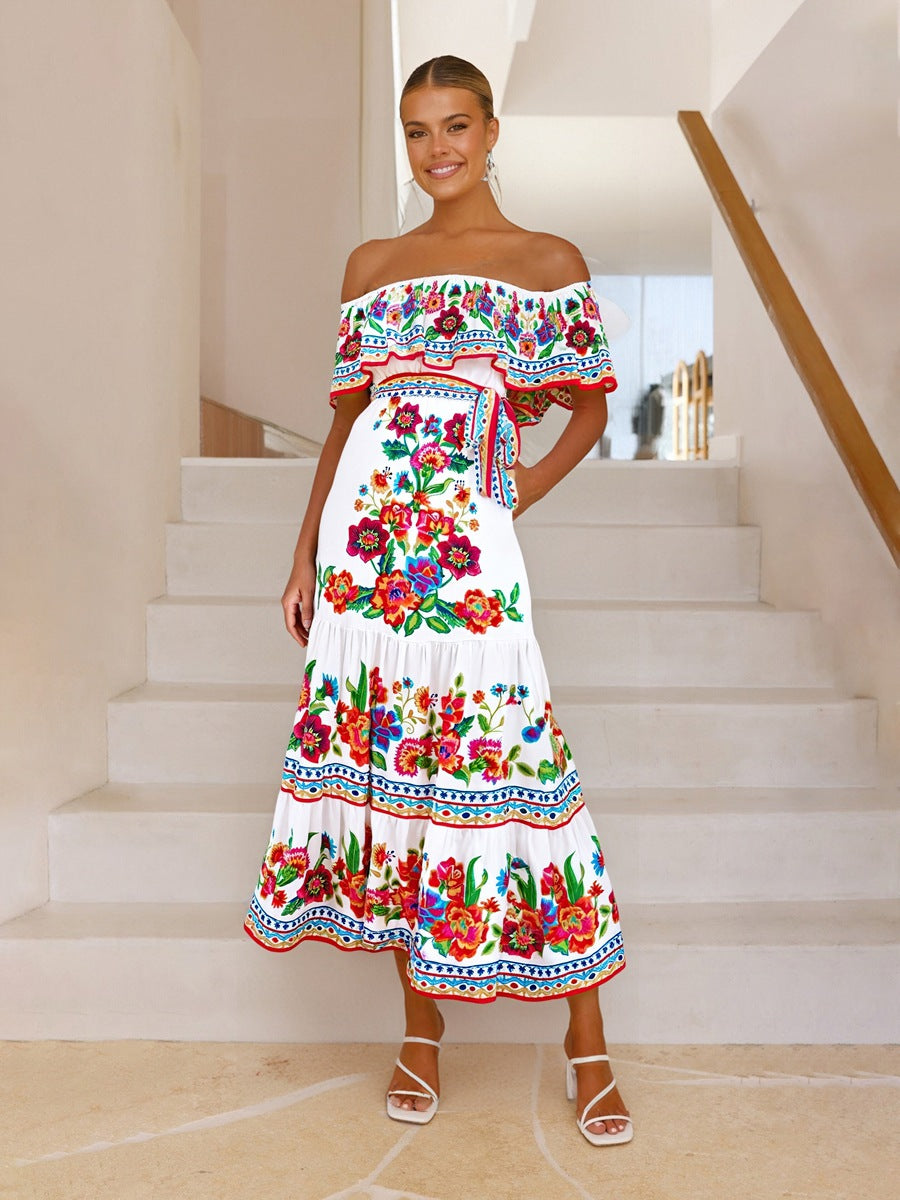 Robe Maxi Femme Épaules Dénudées Motif Floral Froncé Buste Jupe À Étages Élégante Été Amawinc