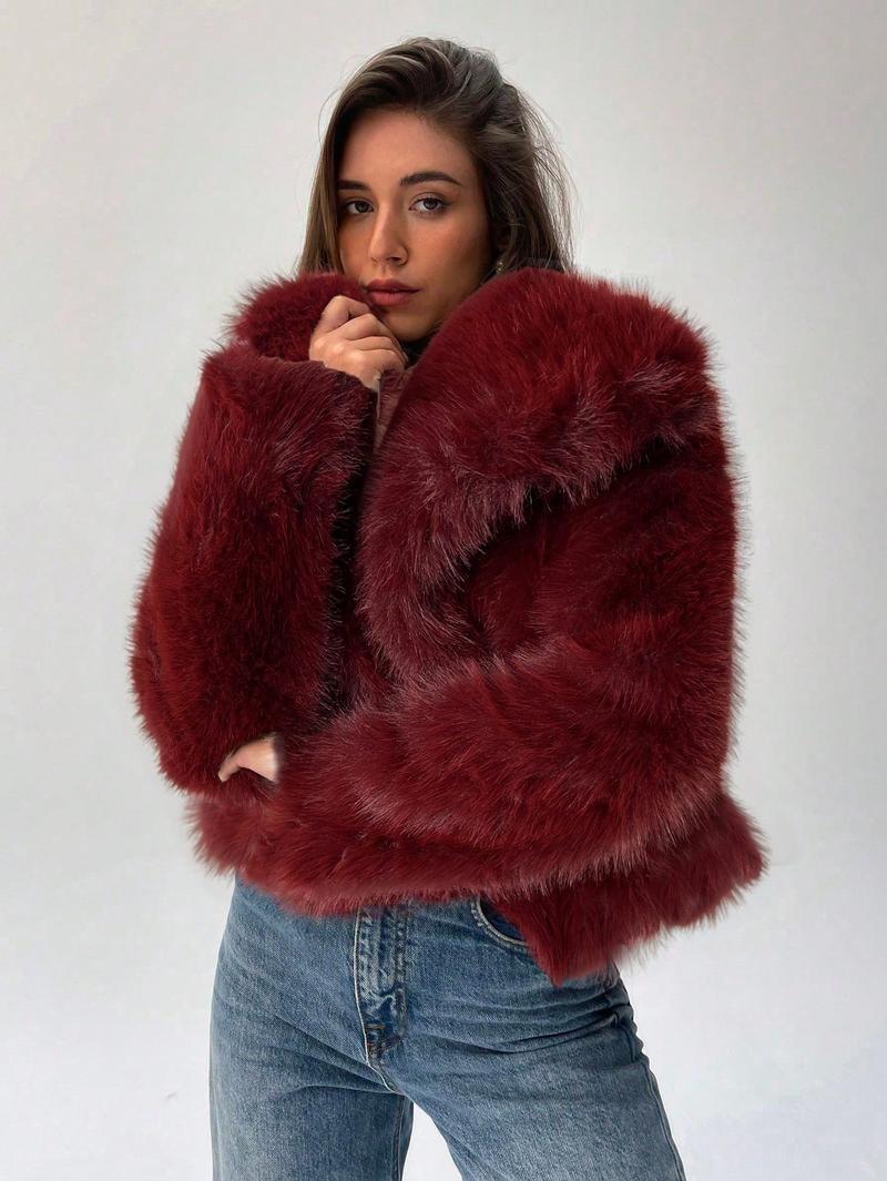 Damen Modischer Kunstpelz-Cropped-Jacke mit voluminösen Ärmeln Amawinc