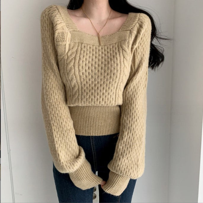 Damen Grobstrickpullover mit modernen Zopfdetails und quadratischem Ausschnitt Amawinc