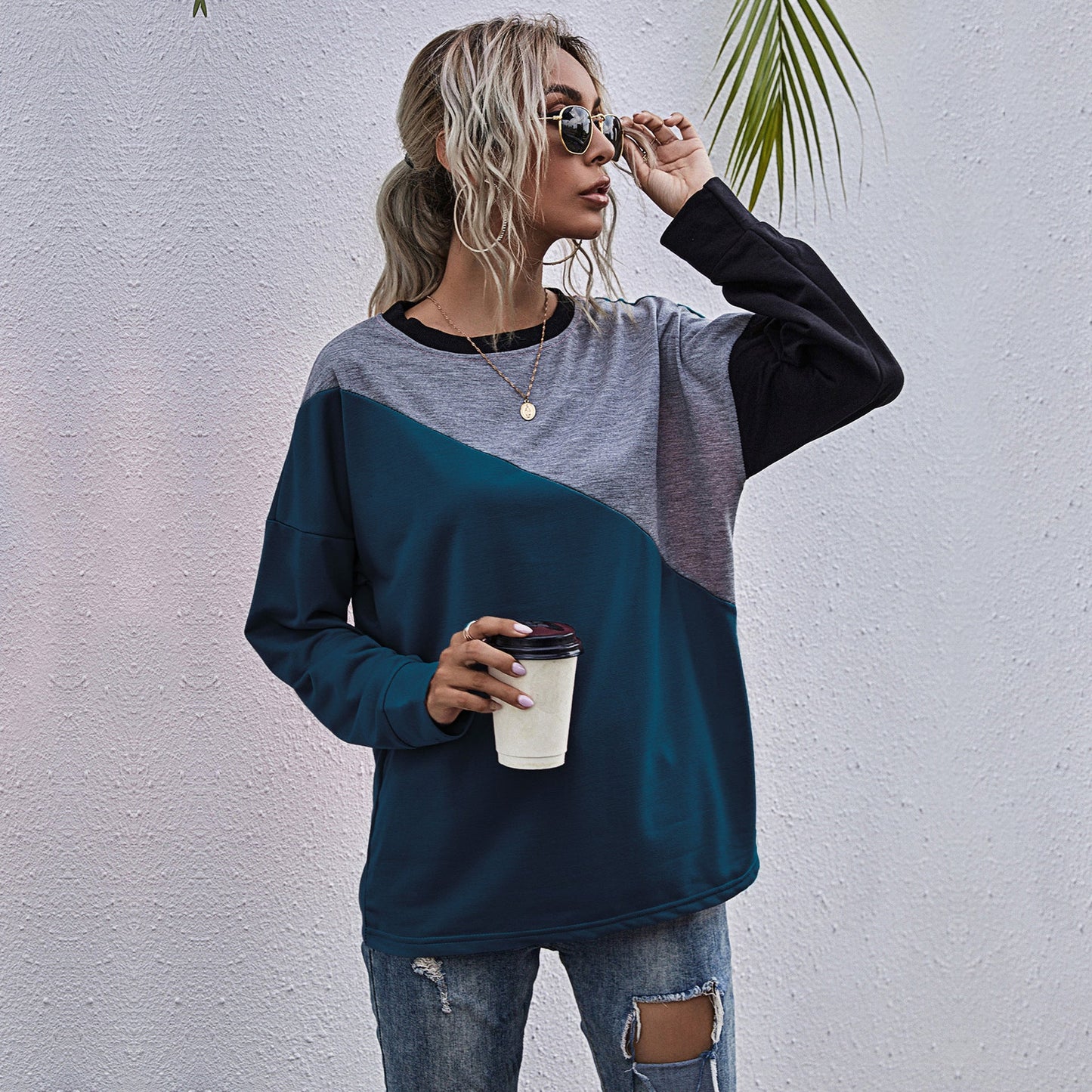 Damen sportlicher Sweatshirt mit modischem Farbblockdesign Amawinc