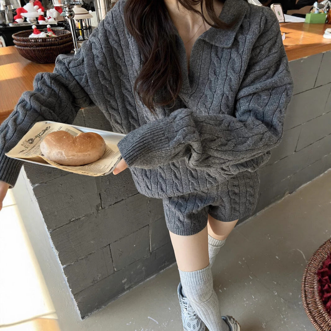 Ensemble Deux Pièces Femme Pull En Maille À Col Haut Laine Mélangée Coupe Décontractée Manches Longues