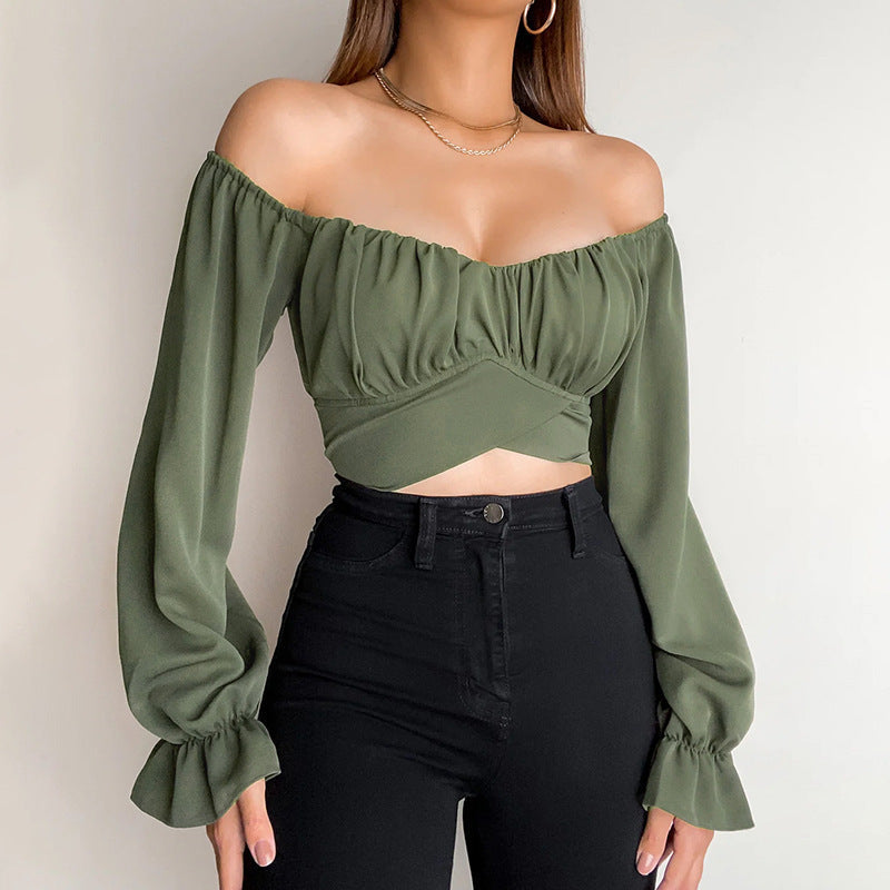 Damen Off-Shoulder Bluse mit Raffung und langen Ärmeln Amawinc