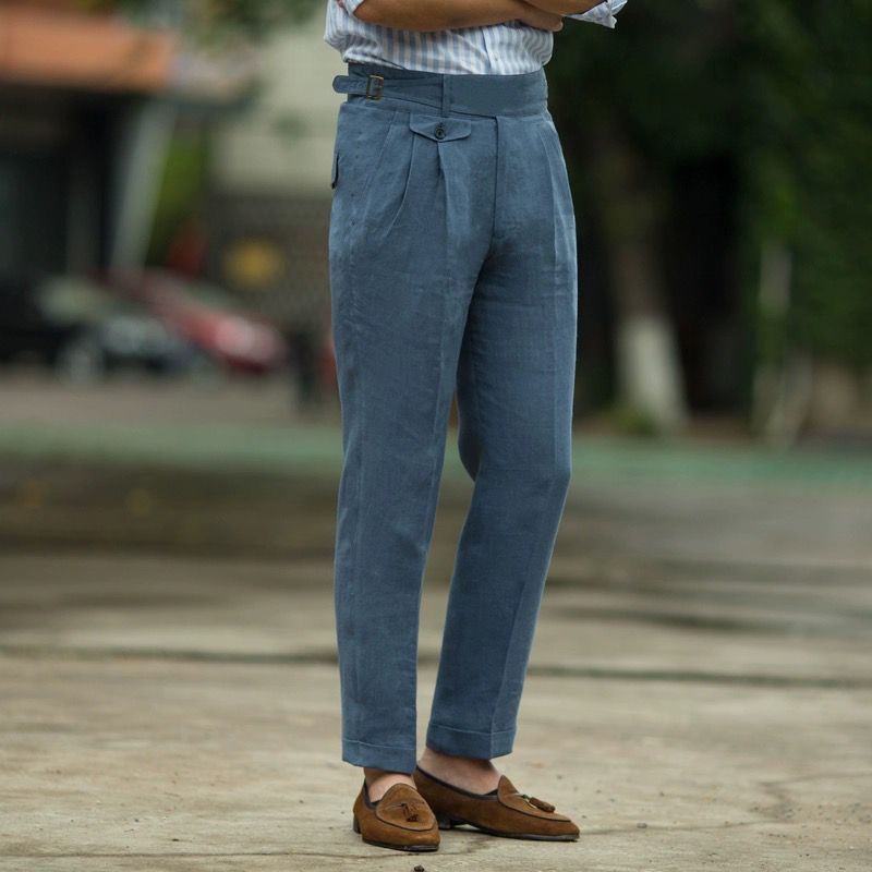 Pantalon Homme Amawinc Slim Fit Taille Haute En Lin Avec Plis Devant Taille Ajustable