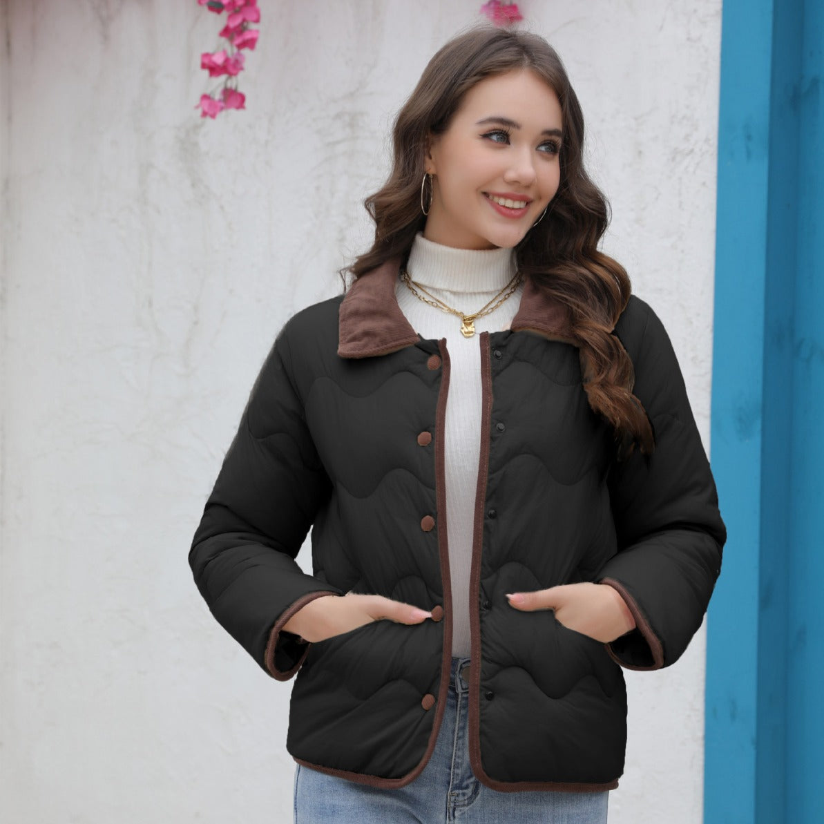Damen gesteppte Kurzjacke mit schickem Kragen Amawinc