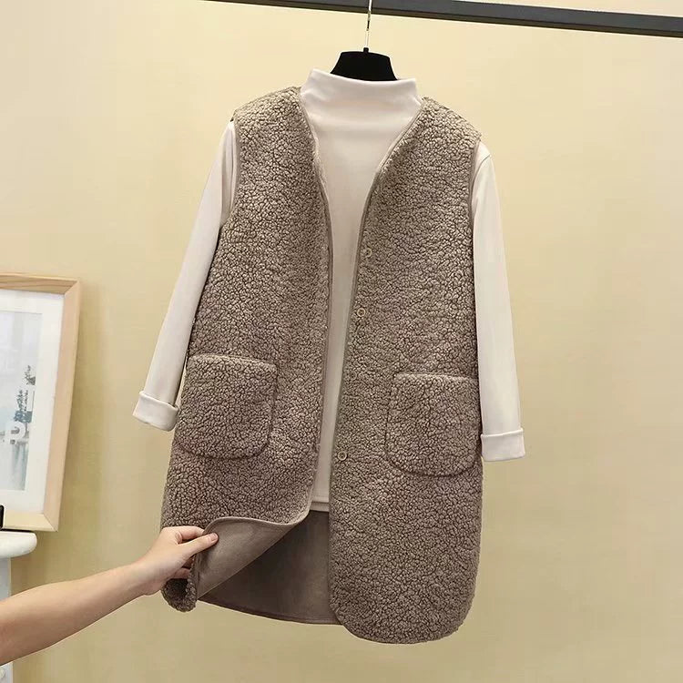 Veste Longue Pour Femme En Polaire Peluche Coupe Décontractée Ouverte Devant Avec Poches Plaquées